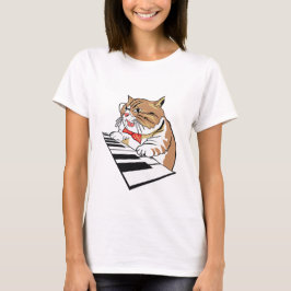 猫ピアニストおもしろいネコ遊ズキーボード Tシャツ