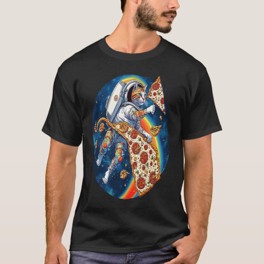 猫ピザ宇宙猫サーフィンピザ銀河宇宙飛行士 Tシャツ (正面)