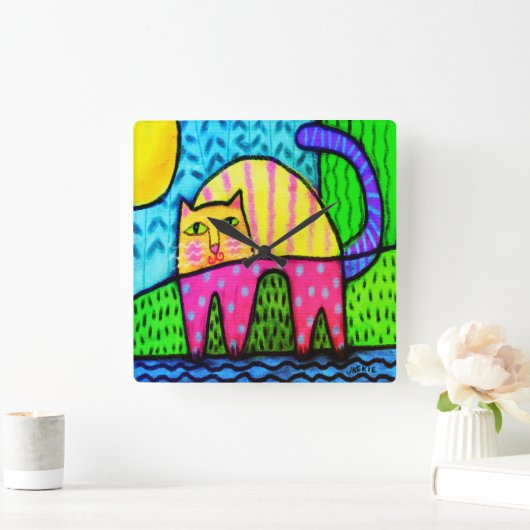 猫ファンキー抽象芸術絵画大時計 スクエア壁時計 (ホーム)