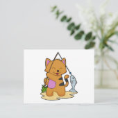 猫フィッシャー釣り竿と魚付き ポストカード (スタンド正面)