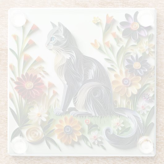 猫フェイク紙お花色 ガラスコースター (裏面)