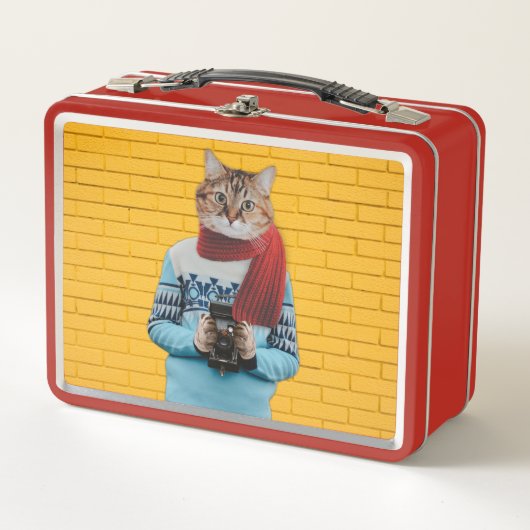 猫フォトグラファーのヴィンテージセーター予測できな メタルランチボックス (正面)
