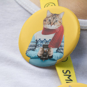 猫フォトグラファーのヴィンテージセーター予測できな 缶バッジ