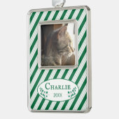 猫フォトグリーンストライプクリスマス飾り シルバープレートフレームオーナメント (左)