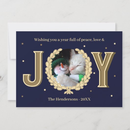 猫フォトブルーパーソナライズされた金ゴールドジョイ・クリスマス シーズンカード (正面)