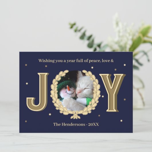 猫フォトブルーパーソナライズされた金ゴールドジョイ・クリスマス シーズンカード (スタンド正面)