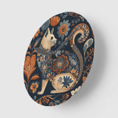 猫フォークアートの装飾 ラウンド壁時計 (傾斜)