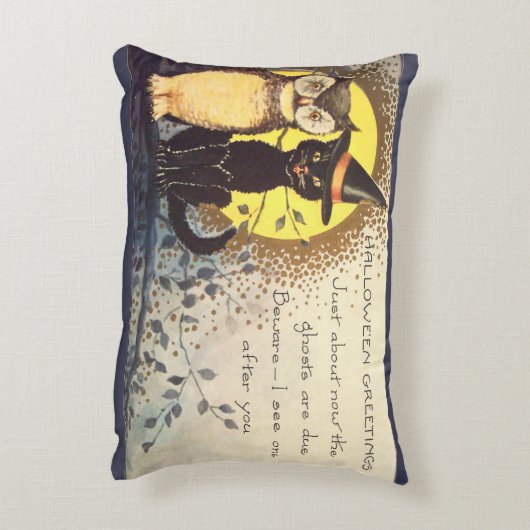 猫フレンドリーとフクロウ – かわいいヴィンテージハロウィン アクセントクッション (裏面(縦))