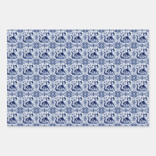 猫フローラエレガントイングリッシュデルフトウェアブルーホワイト ラッピングペーパーシート (正面3)