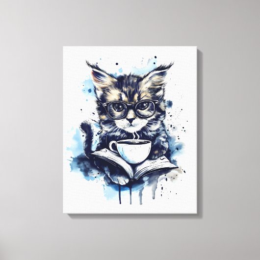 猫ブックコーヒーウォーター色ぼう抽象芸術 キャンバスプリント (正面)