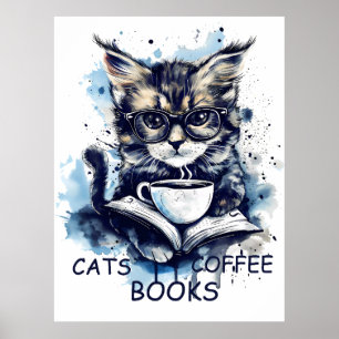 猫ブックコーヒーウォーター色ぼう抽象芸術 ポスター