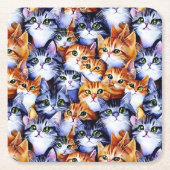 猫プリント顔漫画コラージュジンジャーグレーの子猫 スクエアペーパーコースター (正面)