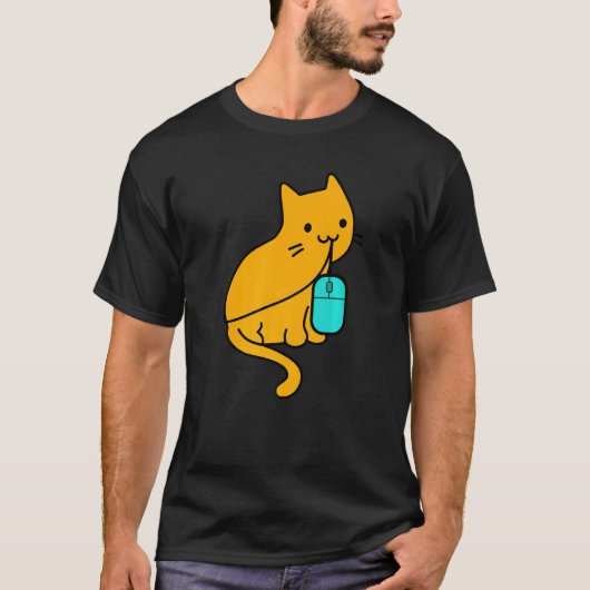 猫プログラマーゲーマーPCゲーミングマウスを食べる Tシャツ (正面)