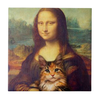 猫ペットのレオナルド・ダ・ヴィンチを抱いたモナ・リサ タイル