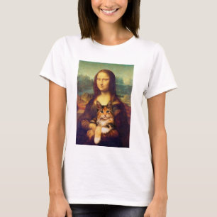 猫ペットのレオナルド・ダ・ヴィンチを抱いたモナ・リサ Tシャツ