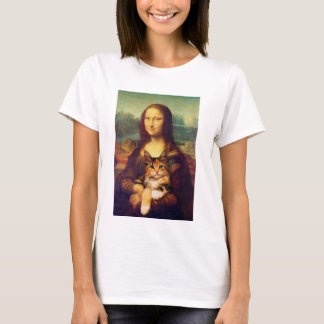 猫ペットのレオナルド・ダ・ヴィンチを抱いたモナ・リサ Tシャツ