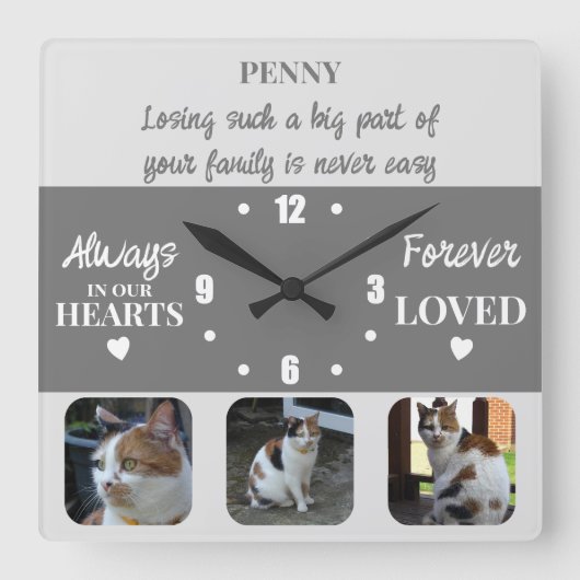 猫ペットロス記念グレー スクエア壁時計 (正面)