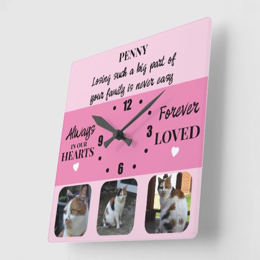 猫ペットロス記念ピンク スクエア壁時計 (傾斜)