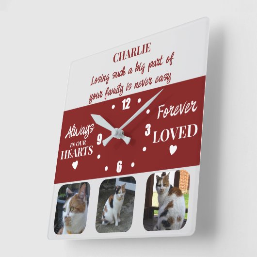 猫ペットロス記念ブルゴーニュ スクエア壁時計 (傾斜)