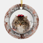 猫ペット初めてのクリスマス写真リースバラ箔 セラミックオーナメント (正面)