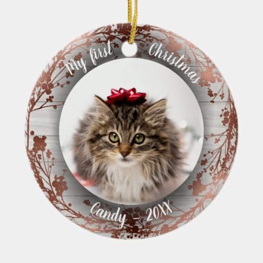 猫ペット初めてのクリスマス写真リースバラ箔 セラミックオーナメント (正面)
