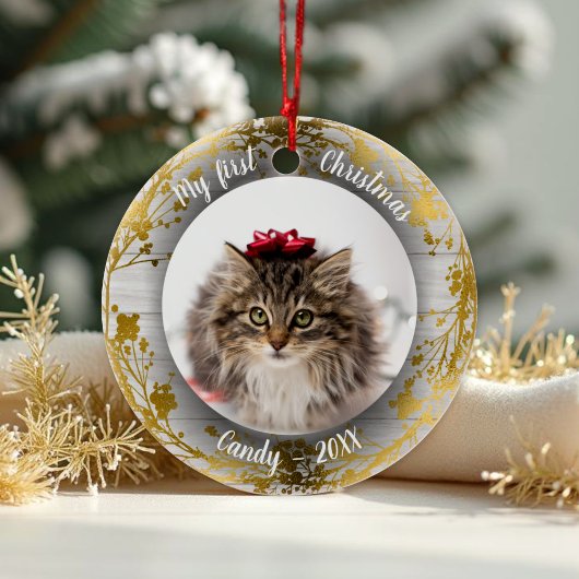 猫ペット初めてのクリスマス写真リース金箔 セラミックオーナメント