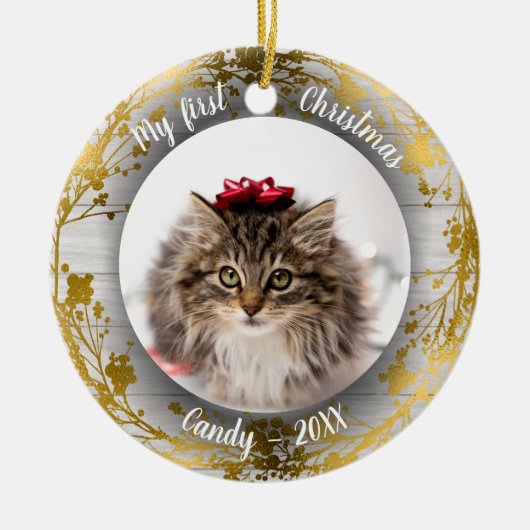 猫ペット初めてのクリスマス写真リース金箔 セラミックオーナメント (正面)