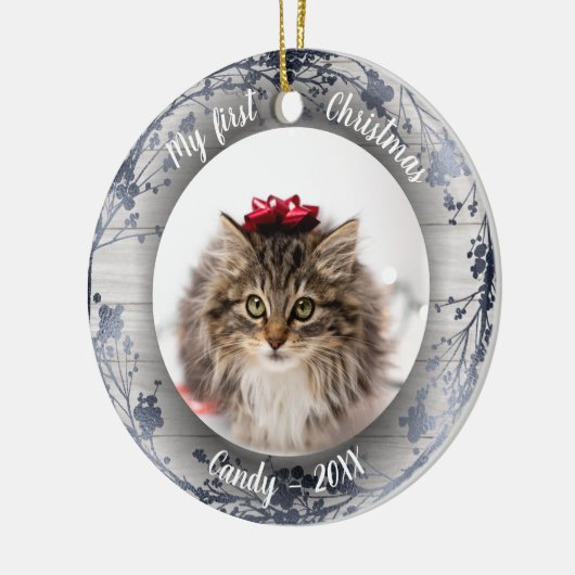 猫ペット初めてのクリスマス写真リース銀箔 セラミックオーナメント (左)