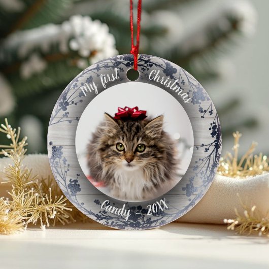 猫ペット初めてのクリスマス写真リース銀箔 セラミックオーナメント