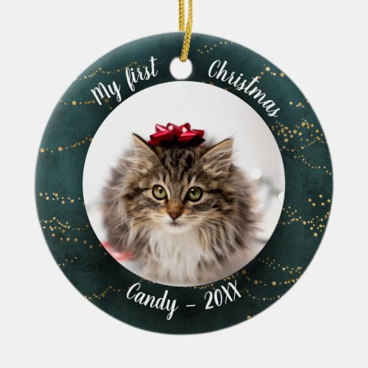 猫ペット初めてのクリスマス写真妖精の木 セラミックオーナメント (正面)