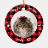 猫ペット初めてのクリスマス写真素朴バッファローチェック セラミックオーナメント (正面)