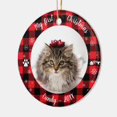 猫ペット初めてのクリスマス写真素朴バッファローチェック セラミックオーナメント (左)