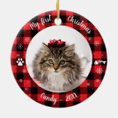 猫ペット初めてのクリスマス写真素朴バッファローチェック セラミックオーナメント (裏面)