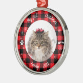 猫ペット初めてのクリスマス写真素朴バッファローチェック メタルオーナメント (左)