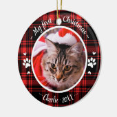 猫ペット初めてのクリスマス写真素朴赤い格子柄 セラミックオーナメント (左)
