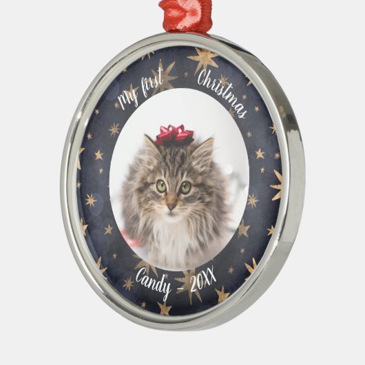 猫ペット初めてのクリスマス素朴の写真スターズ メタルオーナメント (左)