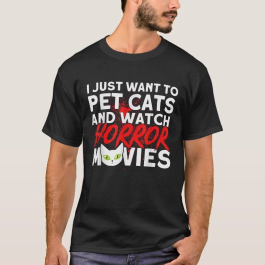 猫ホラー好きで猫を飼い、ホラー映画を見る Tシャツ (正面)