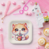 猫ボバかわいいバブルティー ペーパープレート (パーティー)