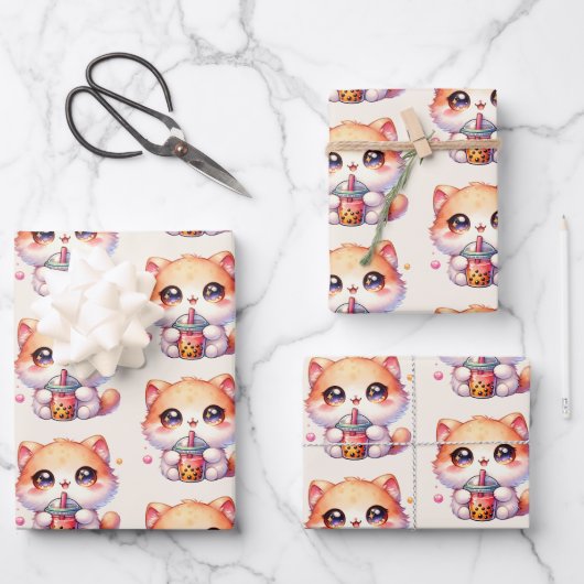 猫ボバかわいいバブルティー ラッピングペーパーシート (正面)