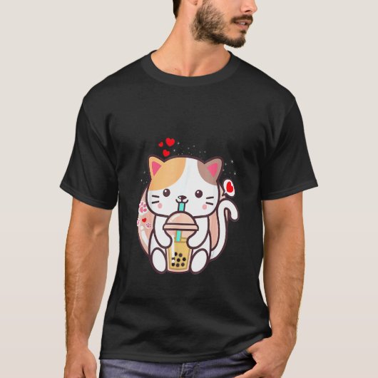 猫ボバ茶タピオカティー 和風猫娘ティーン Tシャツ (正面)