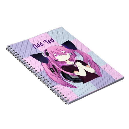 猫ポップ・アートの耳の入った紫と青のアニメ女性 ノートブック (右側)