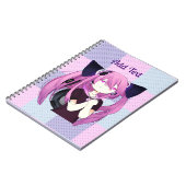 猫ポップ・アートの耳の入った紫と青のアニメ女性 ノートブック (左側)