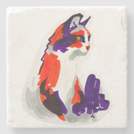 猫ポートレートはっきりした- Graphic Art Orange and Violet ストーンコースター
