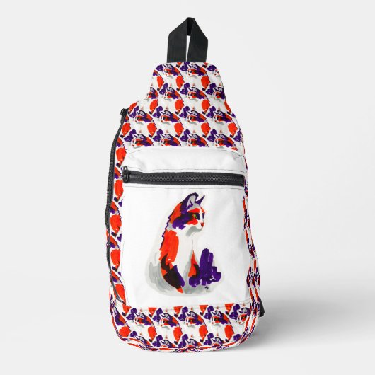 猫ポートレートはっきりした- Graphic Art Orange and Violet スリングバッグ (正面)