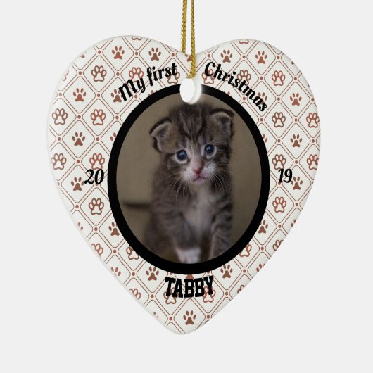 猫マイ初めてのクリスマス子猫の写真名ハート セラミックオーナメント (右)