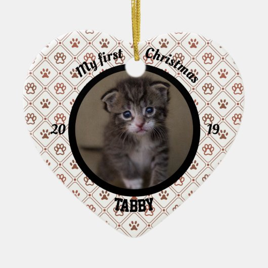 猫マイ初めてのクリスマス子猫の写真名ハート セラミックオーナメント (正面)