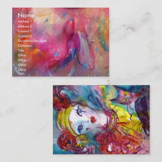 猫マスカレードマスクピンク明るい赤紫色付きピエロ 名刺 (正面/裏面)