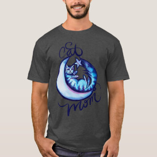 猫ママかわいい月の猫のアートワーク青いムーンチャイルド Tシャツ