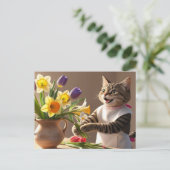 猫ママが花を飾る母の日 シーズンポストカード (スタンド正面)