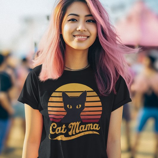 猫ママのサンセットシルエットと黒猫 Tシャツ